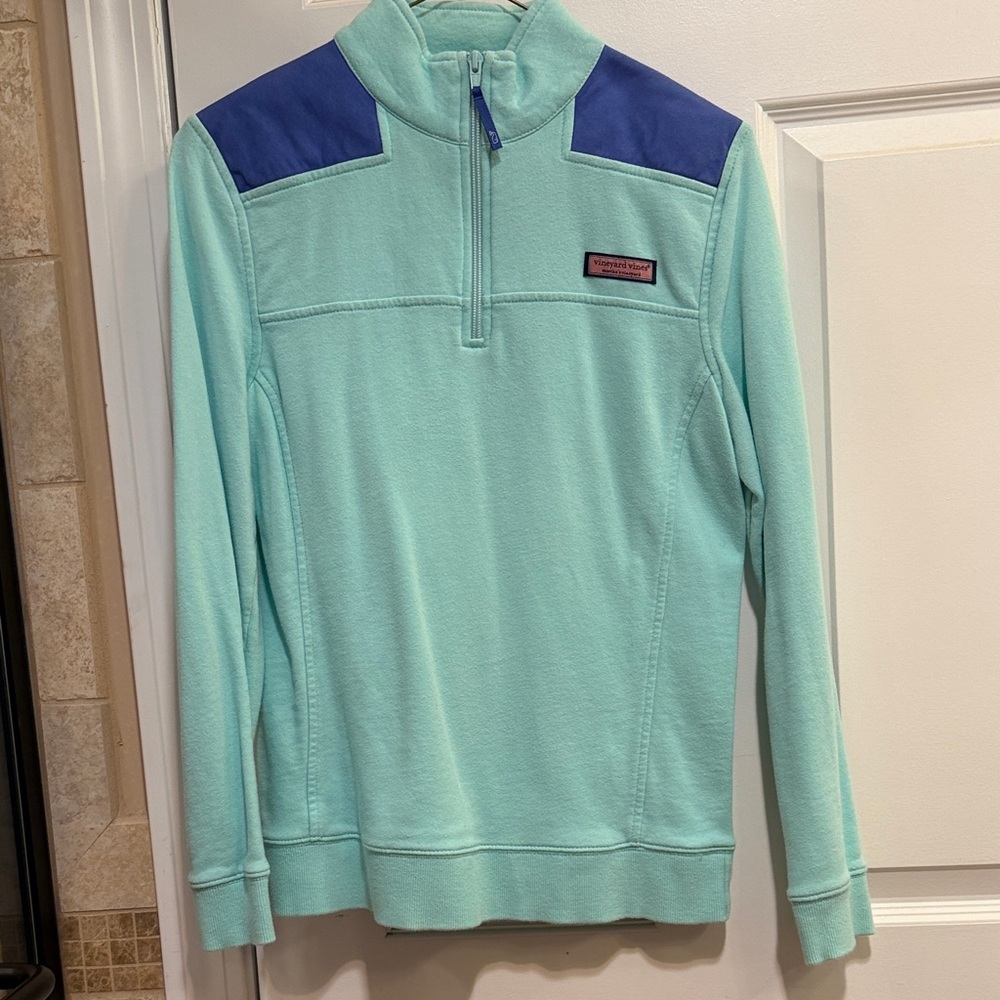 Vineyard Vines Aqua and Navy Quarter-Zip Pullover